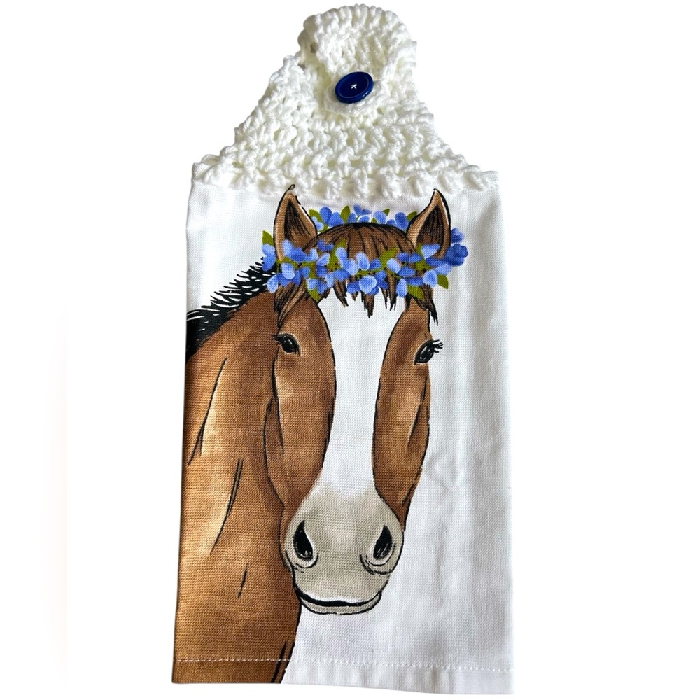 Hand Crafted Hanging Kitchen Hand Towel Colorful Farmhouse Horse Crochet Top